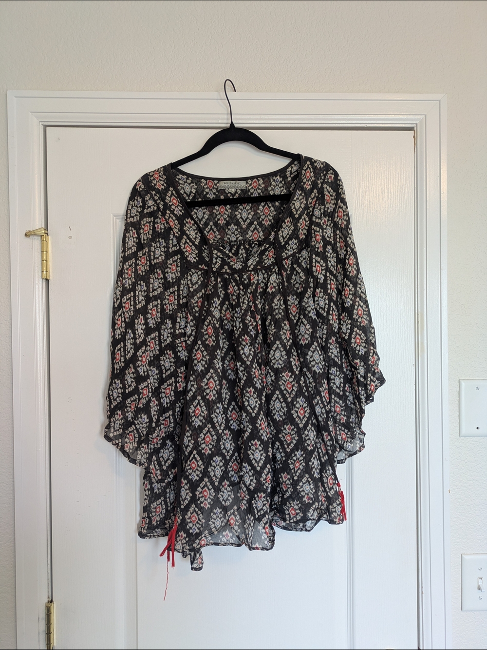 Cost Plus World Market Black Printed Peasant Tunic with Pink Accents